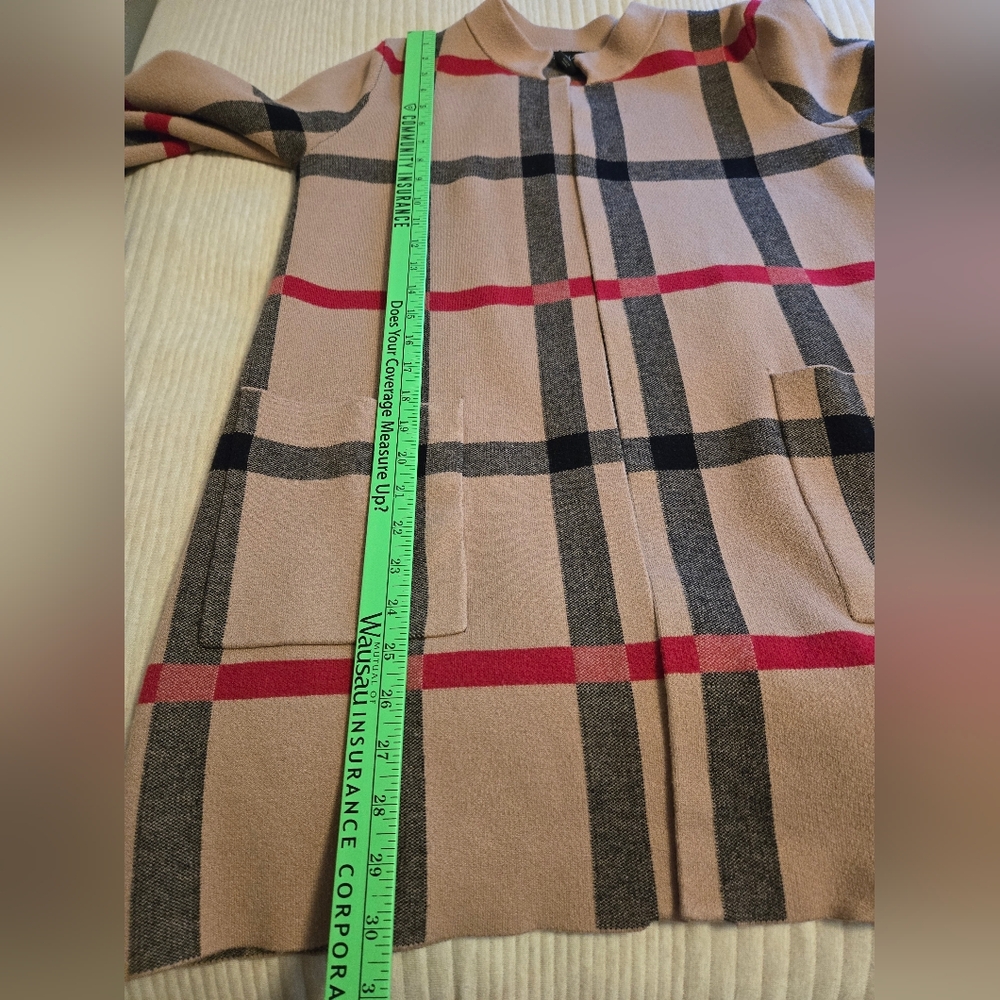 TAHARI PLAID LONG OPEN CARDIGAN - Tan, Black, Red. SIZE XL. - Picture 6 of 9